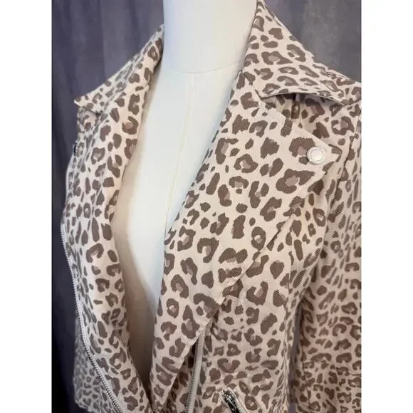 Adyson Parker Leopard Moto Jacket Size M Beige Tan Blush Silver Zipper Tailored - Picture 4 of 13